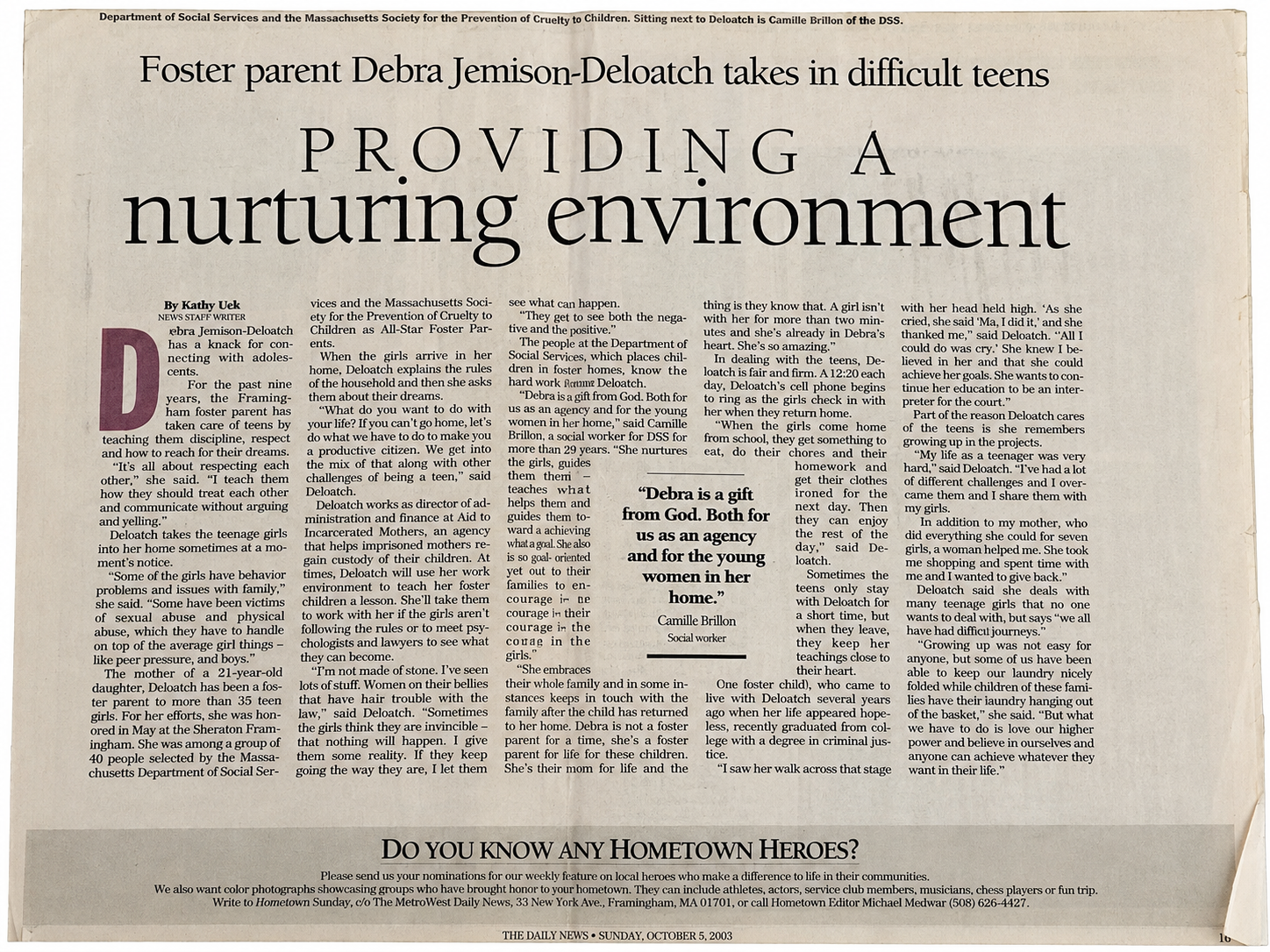 The MetroWest Daily News profile of Debra Jemison-Deloatch titled Providing a Nurturing Environment, published October 5, 2003.